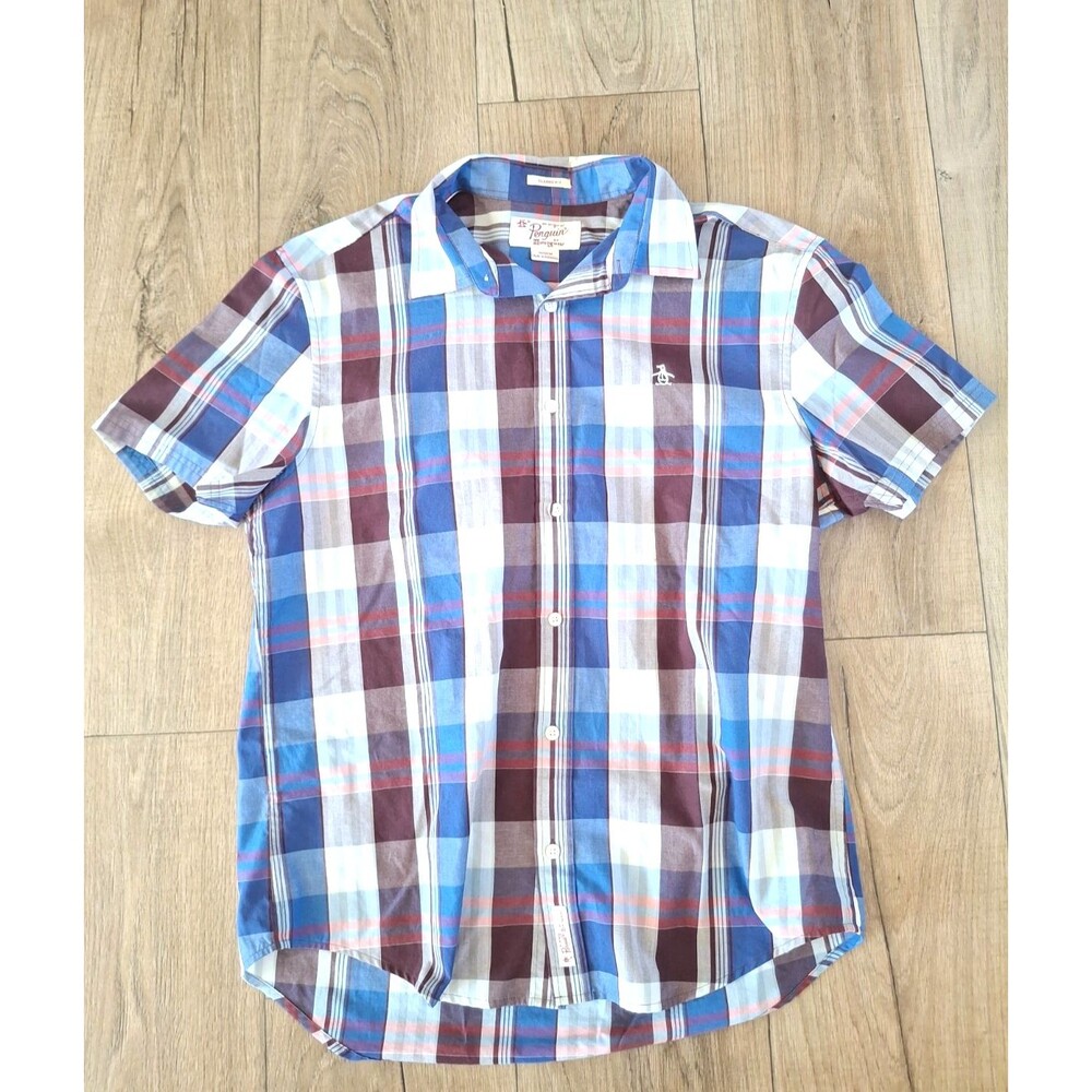 Penguin By Munsingwear Men Medium Purple Blue Plaid Short Sleeve Button Up Shirt
